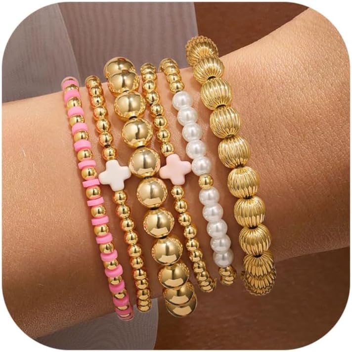 Yoosteel Valentines Day Gifts for Women Teen Girl Gifts Non Tarnish - 14K Gold Plated Dainty Round Beaded Ball Pearl Cross Bracelet Stack Set for Women Trendy Teenage Girls Stackable Jewelry Gift - Image 1